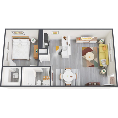 a bedroom with a bed and a chair in a room